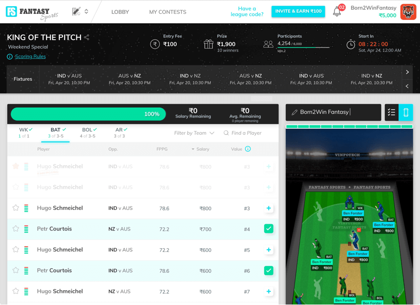 Creating Lineup – Fantasy Cricket Development for IPL T20 2018 by Vinfotech