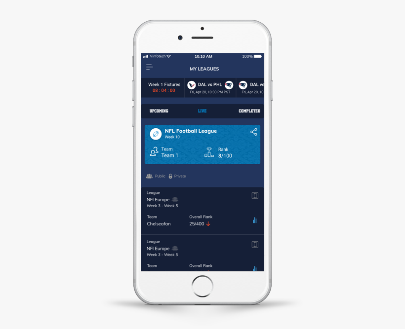 Lobby of NFL fantasy football application by Vinfotech