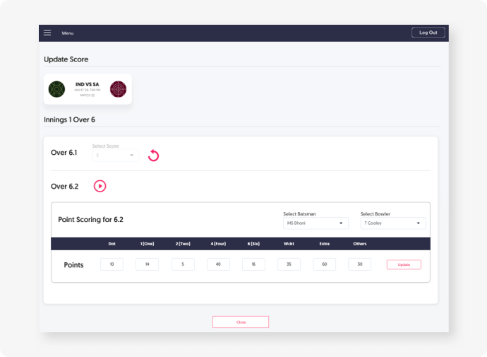 Manual Score in Live Over Fantasy admin panel control by Vinfotech