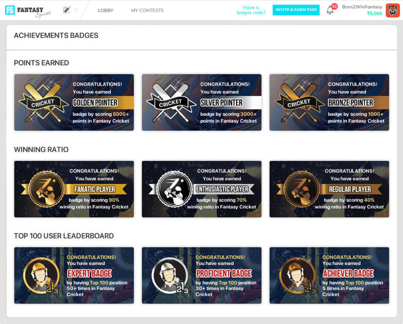 fantasy sports software with achievement badges system by Vinfotech