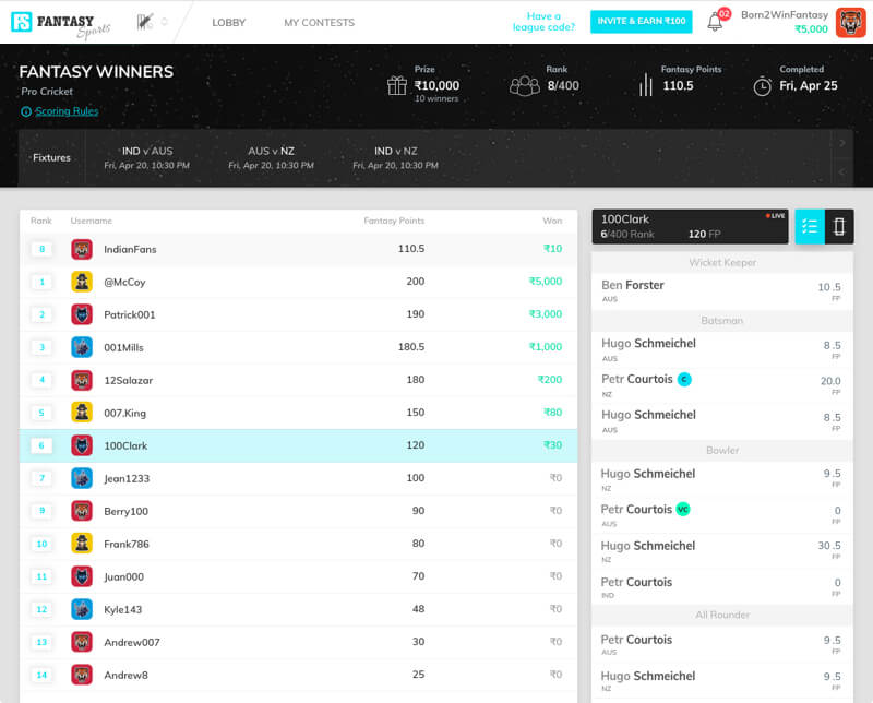 fantasy sports software with leaderboard to compare performances by Vinfotech