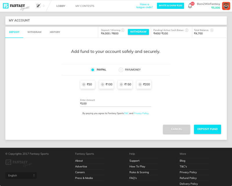 fantasy sports software with multiple payment gateways by Vinfotech