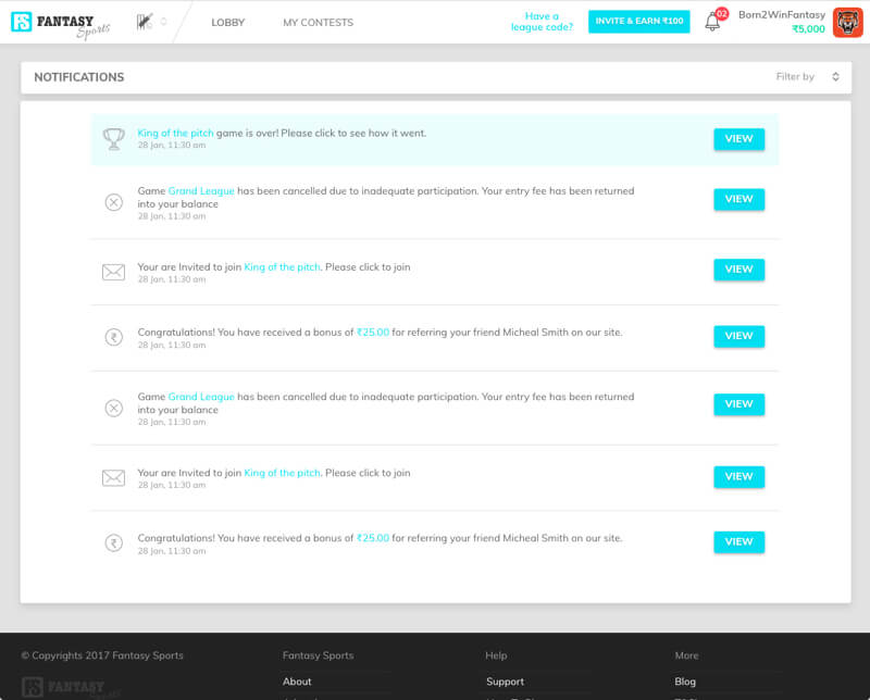 fantasy sports software with push notification by Vinfotech
