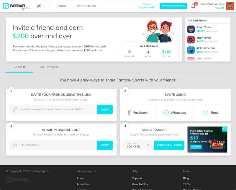fantasy sports software with referral bonus system by Vinfotech